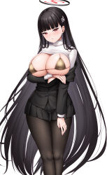 1girl absurdres bikini black_hair black_halo black_pantyhose blue_archive blush breasts gold_bikini hair_ornament hairclip hairpin halo highres pantyhose red_eyes rio_(blue_archive) sweater swimsuit swimsuit_under_clothes wakuta_chisaki