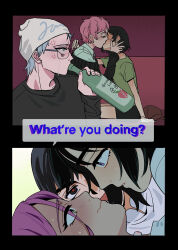 Rule 34 | 2boys, 2girls, absurdres, alien stage, anger vein, baseball cap, black eyes, black hair, black shirt, blush, bottle, brown hat, chinese commentary, closed eyes, commentary, english text, green eyes, green shirt, grey hair, hat, highres, holding, holding bottle, ivan (alien stage), kiss, meme, mizi (alien stage), multiple boys, multiple girls, pink hair, purple eyes, red pupils, shirt, short hair, sua (alien stage), till (alien stage), tuxiaoning not, unworn hat, unworn headwear, very short hair, white hat, wine bottle, yellow eyes, yuri