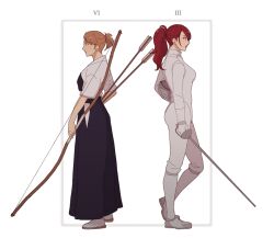 Rule 34 | 2girls, alternate hairstyle, archery, arrow (projectile), black hakama, bow (weapon), breasts, brown hair, card (medium), commentary, english commentary, fencing suit, foil (fencing), hakama, hanpetos, helmet, holding, holding bow (weapon), holding helmet, holding weapon, japanese clothes, kirijou mitsuru, kyuudou, medium breasts, multiple girls, muneate, persona, persona 3, ponytail, red hair, sandals, short ponytail, takeba yukari, tarot, tarot (medium), weapon