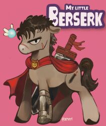 artist_name berserk black_hair cape closed_mouth coypuppy crossover dragonslayer_(sword) english_text fairy from_side furrification furry greatsword guts_(berserk) highres looking_at_viewer my_little_pony navi nintendo no_humans pink_background prosthesis red_cape scar scar_on_face simple_background solo standing sword the_legend_of_zelda the_legend_of_zelda:_ocarina_of_time weapon
