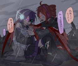 2girls ahoge android black_shirt black_skirt boots bruise cable cloak cloud cloudy_sky collared_shirt detached_sleeves drill_hair electricity fang glowing glowing_eyes hato_no_mune_wo_momitai headgear headphones hood hood_down hooded_cloak injury kasane_teto kasane_teto_(utau) multiple_girls on_one_knee open_mouth outdoors puddle purple_hair rain raincoat red_eyes red_hair see-through_clothes see-through_raincoat shirt short_hair sitting skirt sky sleeveless sleeveless_shirt speech_bubble thigh_boots torn_boots translation_request twin_drills utane_uta utau