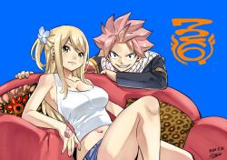 Rule 34 | 1boy, 1girl, arm rest, bare arms, bare shoulders, blonde hair, blue background, blue flower, blue shorts, breasts, cleavage, closed mouth, collarbone, commentary request, couch, dated, earrings, fairy tail, flower, green eyes, grin, hair flower, hair ornament, hand tattoo, heart, heart earrings, highres, jewelry, knee up, large breasts, long hair, long sleeves, looking at viewer, lucy heartfilia, mashima hiro, midriff, natsu dragneel, navel, on couch, pink hair, scarf, short hair, short shorts, shorts, shoulder tattoo, signature, single sleeve, sitting, smile, tank top, tattoo, white scarf, white tank top
