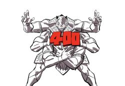 Rule 34 | 1boy, absurdres, ashuraman, extra arms, highres, holding, kinnikuman, looking at viewer, male focus, multiple faces, muscular, muscular male, open mouth, outstretched arms, shaka sign, simple background, sushio, white background