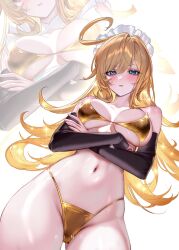 1girl alternate_costume arms_under_breasts artist_name bare_shoulders bikini blonde_hair blue_eyes blush breasts collarbone commentary cowboy_shot crossed_arms english_commentary escoffier_(genshin_impact) genshin_impact gold_bikini golden_week_bikini groin hair_between_eyes headdress highleg highleg_bikini highres large_breasts long_hair looking_at_viewer navel paid_reward_available pout ringeko-chan side_ahoge stomach string_bikini swimsuit very_long_hair white_background zoom_layer