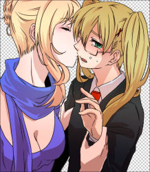 2girls axis_powers_hetalia az0212 bad_id bad_pixiv_id blonde_hair breasts cleavage france_(hetalia) genderswap genderswap_(mtf) glasses green_eyes hair_bun kiss large_breasts multiple_girls scarf single_hair_bun tears twintails united_kingdom_(hetalia) yuri