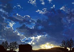 Rule 34 | blue sky, cabin, cloud, cloudy sky, glowing, hisachan55cute, mountainous horizon, no humans, original, pixel art, scenery, silhouette, sky, sky focus, sunrise, tree