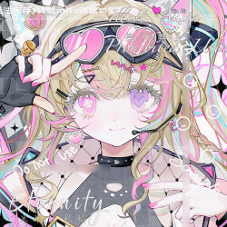1girl animal_ears black_gloves blonde_hair braid cat_ears closed_mouth commentary_request crown eyewear_on_head fingerless_gloves gloves hair_ornament hairclip headset heart heterochromia jewelry long_hair looking_at_viewer multicolored_hair multicolored_nails nail_polish original pink_eyes pink_hair pink_nails portrait purple_eyes shi_mita smile solo streaked_hair sunglasses tinted_eyewear upper_body