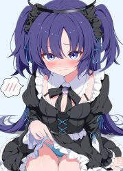 Rule 34 | 1girl, absurdres, black panties, blue archive, blue panties, blush, bow, breasts, closed mouth, dress, frills, gluteal fold, gothic lolita, hair between eyes, halo, highres, lifting own clothes, lolita fashion, long hair, long sleeves, looking at viewer, maid, panties, pantyshot, puffy sleeves, purple hair, sen chan (akane1023), sitting, small breasts, solo, spoken blush, striped background, twintails, underwear, yuuka (blue archive)