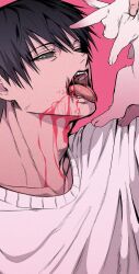 Rule 34 | 1boy, adam&#039;s apple, animal, black hair, black sclera, blood, blood on face, collarbone, colored sclera, commentary request, fushiguro touji, green eyes, highres, holding, holding animal, holding rabbit, jujutsu kaisen, looking at viewer, male focus, open mouth, pink background, rabbit, scar, scar on face, scar on mouth, short hair, simple background, teeth, tongue, tongue out, upper body, yofu (0042 2400)