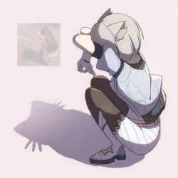 1girl animal_ear_fluff animal_ears cat_ears cat_shadow_puppet_(meme) double_w full_body grey_background grey_hair meme mio_(xenoblade) photo_inset shadow short_hair simple_background solo w xenoblade_chronicles_(series) xenoblade_chronicles_3 zer00han