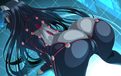 1girl absurdres all_fours anus aoi_nagisa_(metalder) ass black_hair bodysuit cameltoe commentary_request covered_anus from_behind grid guilty_crown headgear highres impossible_bodysuit impossible_clothes long_hair skin_tight solo tsugumi_(guilty_crown) very_long_hair