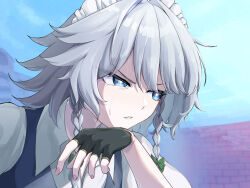 Rule 34 | 1girl, black gloves, blue eyes, blue sky, bow, braid, brick wall, commentary request, day, fingerless gloves, gloves, green bow, grey hair, hair bow, highres, hot, izayoi sakuya, long hair, maid, maid headdress, outdoors, sky, solo, sweatdrop, tenx2 1341, touhou, twin braids
