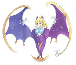 1girl bad_link blonde_hair breasts gen_7_pokemon kirisaki_byakko large_breasts legendary_pokemon lillie_(pokemon) long_hair looking_at_viewer lunala monster_girl monsterification navel nintendo nipples pink_eyes pokemon pokemon_sm ponytail pussy signature smile solo tagme white_background