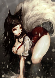 1girl ahri_(league_of_legends) all_fours alternate_costume animal_ears belt breasts brown_eyes brown_hair buttons choker cleaning cleaning_rag cleavage closed_mouth duto eyelashes eyeshadow female_focus fox_ears fox_tail highres large_breasts league_of_legends lips lipstick long_hair looking_at_viewer makeup mascara miniskirt multiple_tails on_floor pale_skin pencil_skirt red_lips red_skirt reflective_floor see-through_clothes shirt short_sleeves side_slit skin_tight skirt smile solo tail thighs unbuttoned water_drop wet wet_clothes