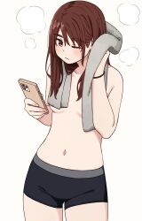 1girl after_bathing black_panties blush boyshort_panties breasts brown_eyes brown_hair cellphone highres kapatarou long_hair navel original panties phone small_breasts smartphone solo topless_female towel underwear white_background