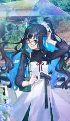 Rule 34 | 1girl, bag, bangle, belt, black eyes, black hair, blue hair, blunt bangs, bracelet, brown-framed eyewear, colored inner hair, commentary request, cowboy shot, dress, fate/grand order, fate (series), flower, game cg, glasses, grey belt, grin, hair flower, hair ornament, hair ribbon, hand in own hair, hand up, holding, holding umbrella, jewelry, long hair, long sleeves, looking to the side, multicolored hair, official alternate costume, official art, outdoors, photo background, ponytail, ribbon, saitou hiroki, short dress, shoulder bag, sidelocks, smile, solo, standing, teeth, tenochitlan (over the same sky) (fate), tenochtitlan (fate), third-party source, turtleneck, two-tone hair, umbrella, umbrella over shoulder, very long hair, white dress