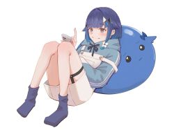 1girl blue_hair blue_hoodie blue_nails blue_socks blush drawstring gradient_hair grey_eyes hair_flaps hair_ornament hairpin highres holding holding_phone hood hoodie knees_up leaning_on_object light_smile lying medium_hair multicolored_hair multiple_hairpins on_back overalls phone simple_background socks solo strap_slip thigh_strap tied_drawstring tsubu_(kappunioyu562) tsumugi_kokage virtual_youtuber vspo! white_background white_overalls