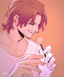 1boy adam&#039;s_apple beard buggy_the_clown closed_eyes connected_beard facial_hair fingernails highres holding male_focus mimikaki one_piece out_of_frame parted_lips pink_background pink_theme shanks_(one_piece) shirt short_hair solo_focus vamos_mk white_shirt