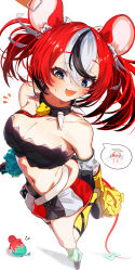 !? 1girl absurdres animal_ear_fluff belt black_collar black_hair black_skirt blue_bow blue_eyes bow breasts bright_pupils cheese cleavage collar collarbone dice_hair_ornament food hair_ornament hakos_baelz highres hololive hololive_english mouse_tail mousetrap mr._squeaks_(hakos_baelz) multicolored_hair multicolored_skirt navel red_hair red_skirt sho_me_1853 skirt speech_bubble spiked_collar spikes stomach tail tail_bow tail_ornament virtual_youtuber white_belt white_hair white_pupils white_skirt