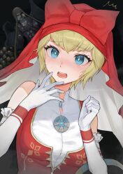 Rule 34 | 1boy, 1girl, apple, bare shoulders, blonde hair, blue eyes, donbee937, eating, elbow gloves, food, fruit, gloves, golden apple, highres, idunn (megami tensei), light blush, loki (megami tensei), open mouth, puffy cheeks, red veil, shin megami tensei, shin megami tensei v, short hair, solo focus, surprised, tears, twintails, veil, white gloves