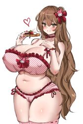 1girl bags_under_eyes belly bow bra breasts brown_hair cameltoe choker covered_erect_nipples food frilled_bra frilled_panties frills fruit green_eyes hair_bow heart highres holding holding_food huge_breasts long_hair looking_at_viewer my_melody nail_polish neet_girl_(noiretox) noiretox panties plump red_choker sanrio skindentation solo strawberry thick_thighs thighs underwear underwear_only