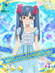 1girl akb0048 blue_background blue_dress blue_hair bow bracelet card_(medium) character_name closed_mouth collarbone cowboy_shot dress flower_bracelet frilled_dress frills hair_bow heart jewelry long_hair looking_at_viewer necklace non-web_source official_art purple_eyes red_bow short_sleeves skirt_hold smile solo standing star_(symbol) twintails watanabe_mayu_(akb0048)