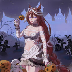 1girl absurdres animal_ears bandage_on_hair bandaged_arm bandaged_torso bandages bare_shoulders blue_eyes braid braided_ponytail breasts brown_hair candy chest_sarashi choker cleavage commentary_request cowboy_shot ear_scrunchie food frilled_choker frilled_skirt frills graveyard grey_skirt hair_between_eyes halloween halloween_bucket halloween_costume highres holding holding_candy holding_food holding_lollipop horse_ears jack-o&#039;-lantern large_breasts lollipop long_hair looking_at_viewer midriff mummy_costume nail_polish navel night official_alternate_costume outdoors parted_bangs purple_nails sarashi skirt solo super_creek_(chiffon_ribbon_mummy)_(umamusume) super_creek_(umamusume) tongue tongue_out umamusume veil very_long_hair yun_menwu