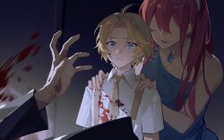 1girl 2boys :d absurdres age_difference aged_down black_jacket blonde_hair blood blood_on_clothes blood_on_face blood_on_hands blood_splatter blue_dress blue_eyes child chinese_commentary collared_shirt curtained_hair dress fengtu_ad hair_between_eyes hands_on_another&#039;s_shoulders highres implied_murder indoors jacket jewelry lars_rorschach long_hair looking_ahead lovebrush_chronicles male_focus multiple_boys nail_polish necklace necktie nervous no_eyes open_mouth out_of_frame outstretched_arm parted_bangs ponytail red_hair shirt short_hair short_sleeves single-shoulder_dress single_bare_shoulder smile suspenders upper_body white_shirt yellow_necktie