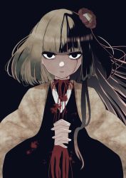 1girl absurdres bags_under_eyes black_background black_eyes black_hair blood bloody_tears fate/grand_order fate_(series) flower grey_hair hair_flower hair_ornament highres interlocked_fingers japanese_clothes kimono komahime_(fate) multicolored_hair rachel114514 sen_no_rikyu_(fate) sen_no_rikyu_(second_ascension)_(fate) simple_background split-color_hair transformation
