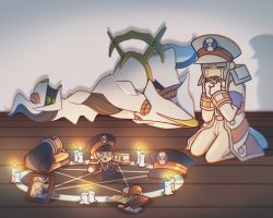 =_= arceus banknote bound candle closed_eyes commentary creatures_(company) crying emmet_(pokemon) english_commentary framed_image game_freak gen_4_pokemon hat highres id_card ingo_(pokemon) jacket kneeling legendary_pokemon m-hex money mythical_pokemon nintendo own_hands_together peaked_cap pentagram photo_(object) poke_ball pokemon pokemon_(creature) pokemon_bw praying streaming_tears stuffed_toy summoning tears toy_train wallet wooden_floor