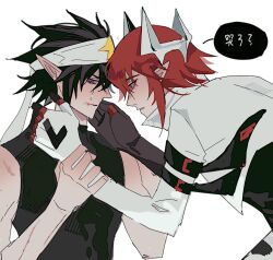 2boys aotu_world armband bandana black_gloves black_hair black_shirt blood blood_on_face bruise chinese_commentary chinese_text cropped_jacket crying crying_with_eyes_open fuhei344 gloves hand_on_another&#039;s_face headband headgear highres holding_another&#039;s_wrist injury jacket looking_at_another male_focus multicolored_gloves multiple_boys pius_(aotu_world) pointy_ears purple_eyes ray_(aotu_world) red_eyes red_hair shirt short_hair simple_background sleeveless sleeveless_shirt speech_bubble tears turtleneck upper_body white_background white_gloves white_headband white_jacket yaoi