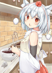 animal_ear_fluff animal_ears apron batter blush bowl brick_wall cabinet chestnut_mouth commentary_request cooking cowboy_shot cutting_board detached_sleeves flour from_side hakama hakama_skirt hat holding holding_whisk inubashiri_momiji japanese_clothes kitchen looking_at_viewer napkin pom_pom_(clothes) red_eyes red_skirt rururiaru short_hair skirt stain tokin_hat touhou turning_head turtleneck whisk white_hair wolf_ears wolf_girl