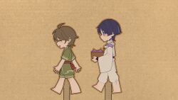 Rule 34 | 2boys, absurdres, ahoge, armor, arms at sides, barefoot, basket, black sash, blunt ends, brown hair, brown outline, cardboard, cardboard cutout, closed eyes, clothing cutout, facing to the side, feathers, genshin impact, green kimono, green shorts, green sleeves, highres, holding, holding basket, japanese armor, japanese clothes, kariginu, kimono, kote, kurokote, lavender melon (genshin impact), long sleeves, looking at another, looking to the side, miaoyeza233, mid-stride, multicolored hair, multiple boys, open hands, outline, pants, pom pom (clothes), purple eyes, purple hair, purple kimono, purple sleeves, red sash, sash, scaramouche&#039;s sickly friend (genshin impact), scaramouche (genshin impact), scaramouche (kabukimono) (genshin impact), short sleeves, shorts, shoulder cutout, streaked hair, string, walking, white pants, white sleeves, white trim, wide sleeves, yellow feathers