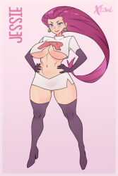1girl adapted_costume black_boots blue_eyes boots breasts character_name commentary commission crop_top elbow_gloves english_commentary full_body gloves gluteal_fold hair_slicked_back hands_on_own_hips high_heel_boots high_heels highres huge_breasts jessie_(pokemon) long_hair microskirt midriff navel nintendo pokemon pokemon_(anime) pokemon_(classic_anime) purple_hair skirt solo team_rocket team_rocket_uniform thigh_boots toned toned_female underboob very_long_hair white_skirt x-t3al