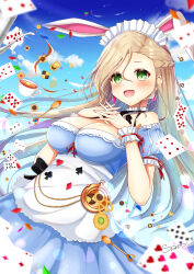 absurdres alice_(alice_in_wonderland) alice_(alice_in_wonderland)_(cosplay) animal_ear_hairband animal_ears bare_shoulders blue_dress blue_sky breasts brown_hair card cleavage clock cloud cookie cosplay cup dress emn fake_animal_ears food frilled_bracelet frilled_necktie frills green_eyes hairband highres iris_mysteria! large_breasts long_hair maid_headdress open_mouth playing_card rabbit_ear_hairband rabbit_ears sky teacup will_(iris_mysteria!)