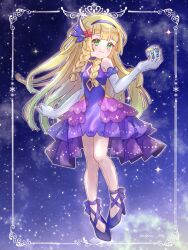 1girl beast_ball blonde_hair braid closed_mouth dress elbow_gloves full_body gloves hairband high_heels highres holding holding_poke_ball jasmine--tea lillie_(anniversary_2021)_(pokemon) lillie_(pokemon) long_hair nintendo official_alternate_costume poke_ball pokemon pokemon_masters_ex purple_dress purple_hairband purple_high_heels smile solo twin_braids white_gloves