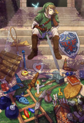 1boy arrow_(projectile) blonde_hair bomb book boomerang boots bottle bow bow_(weapon) butterfly_net candle compass equipment_layout explosive fairy fire grapnel hammer hand_net hat head_rest heart hookshot hylian_shield instrument items key kim_herbst ladder link map master_sword navi nintendo ocarina pointy_ears potion quiver raft rupee_(zelda) shield sitting sword the_legend_of_zelda triforce tunic weapon