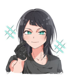 Rule 34 | 1girl, bang dream!, bang dream! it&#039;s mygo!!!!!, black gloves, black hair, black shirt, blue eyes, blush, closed mouth, commentary, gloves, highres, looking at viewer, medium hair, photo-referenced, shirt, short sleeves, simple background, solo, sparkle, sweat, symbol-only commentary, timoris (bang dream!), tsuyudashimirin, upper body, white background, yahata umiri
