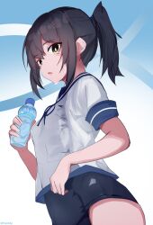Rule 34 | 1girl, black hair, black sailor collar, blue one-piece swimsuit, blush, bottle, breasts, fubuki (kancolle), hair ribbon, highres, kantai collection, looking at viewer, low ponytail, miron (mirona33), one-piece swimsuit, open mouth, ponytail, ribbon, sailor collar, school swimsuit, school uniform, serafuku, serasuku, short hair, short ponytail, small breasts, solo, swimsuit, swimsuit under clothes, water bottle