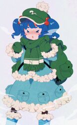 &gt;o&lt; 1girl backpack bag black_pantyhose blue_boots blue_hair blue_jacket blue_skirt blush blush_stickers boots breath clenched_hands commentary_request feet_out_of_frame fur-trimmed_jacket fur-trimmed_skirt fur-trimmed_sleeves fur_boots fur_trim green_bag green_hat green_mittens green_scarf grey_background hair_bobbles hair_ornament hands_up hat highres jacket jean_(jean_sp) kawashiro_nitori mittens nose_blush pantyhose pocket pom_pom_(clothes) scarf skirt solo standing touhou two_side_up winter_clothes