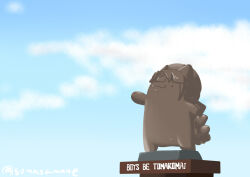 ._. absurdres animal_ears beret blue_sky bow closed_mouth cloud day english_text goma_(gomasamune) hair_bow hat highres hokko_tarumae_(umamusume) horse_ears no_humans outdoors outstretched_arm sky statue striped_bow twitter_username umamusume
