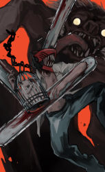 1boy bat_(animal) bat_devil_(chainsaw_man) bat_wings birdcage blood bloody_weapon cage cat chain chainsaw chainsaw_man denji_(chainsaw_man) facing_up glowing glowing_eyes highres hybrid in_cage looking_at_another meowy_(chainsaw_man) nakano_(2_mannaka) no_eyes open_clothes open_mouth sharp_teeth shirt simple_background teeth tongue tongue_out weapon white_cat white_shirt wings