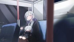 1girl black_jacket black_necktie black_skirt bus_interior closed_eyes collared_shirt dow_suitable drooling highres jacket kaga_sumire leaning_to_the_side lupinus_virtual_games medium_hair necktie parted_bangs shirt sitting skirt sleeping solo stuffed_toy virtual_youtuber vspo! white_hair white_shirt window