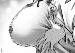Rule 34 | 2girls, breasts, close-up, greyscale, groping, hong meiling, izayoi sakuya, koyubi (littlefinger1988), large breasts, long sleeves, monochrome, multiple girls, simple background, touhou