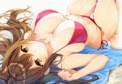 1girl bare_arms barefoot beach_towel bikini breasts brown_eyes brown_hair cleavage collarbone commentary_request curvy feet hair_between_eyes large_breasts long_hair looking_at_viewer lying marker_(medium) navel on_back original parted_lips red_bikini side-tie_bikini_bottom sidelocks skindentation solo swimsuit thighs thingtng_(sgma7424) toes towel traditional_media