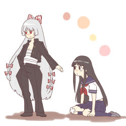 Rule 34 | 2girls, alternate costume, annoyed, atsukiruto, bad id, bad pixiv id, banchou, bandages, contemporary, delinquent, female focus, fujiwara no mokou, hand in pocket, houraisan kaguya, long hair, multiple girls, no nose, outstretched hand, pants, sarashi, school uniform, serafuku, sitting, standing, tears, touhou, very long hair