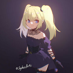 1girl aged_down ani_(twitter) artist_name bare_shoulders belt black_choker black_corset black_dress black_gloves blonde_hair blue_eyes brown_background choker chromatic_aberration commentary corset cowboy_shot dress english_commentary gloves gradient_background highres lace-trimmed_choker lace_trim long_hair looking_at_viewer off-shoulder_dress off_shoulder puffy_short_sleeves puffy_sleeves short_sleeves simple_background smile solo standing sydus twintails twitter twitter_username