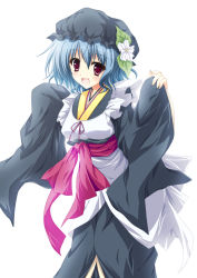 apron blue_hair blush flower hair_ornament hat japanese_clothes kimono original red_eyes solo suien