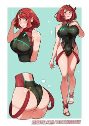 1girl artist_name ass breasts core deliciousbrain heart huge_ass large_breasts multiple_views one-piece_swimsuit patreon_username pyra_(xenoblade) red_eyes red_hair short_hair solo swimsuit xenoblade_chronicles_(series) xenoblade_chronicles_2