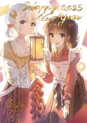 Rule 34 | 2025, 2girls, absurdres, apron, black hair, blue eyes, blush, braid, closed mouth, collared shirt, confetti, dress, erika (user spth3377), firecrackers, flat chest, hair bun, hair ornament, hanamura hinako, hands up, happy new year, highres, holding, holding fireworks, holding lantern, kitanai kimi ga ichiban kawaii, lantern, layered sleeves, long dress, long skirt, long sleeves, looking at viewer, multiple girls, new year, open mouth, red dress, red eyes, red skirt, sezaki airi, shirt, short hair, short over long sleeves, short sleeves, side braid, simple background, single hair bun, skirt, smile, twintails, variant set, white apron, white background, white hair, white shirt, yellow shirt